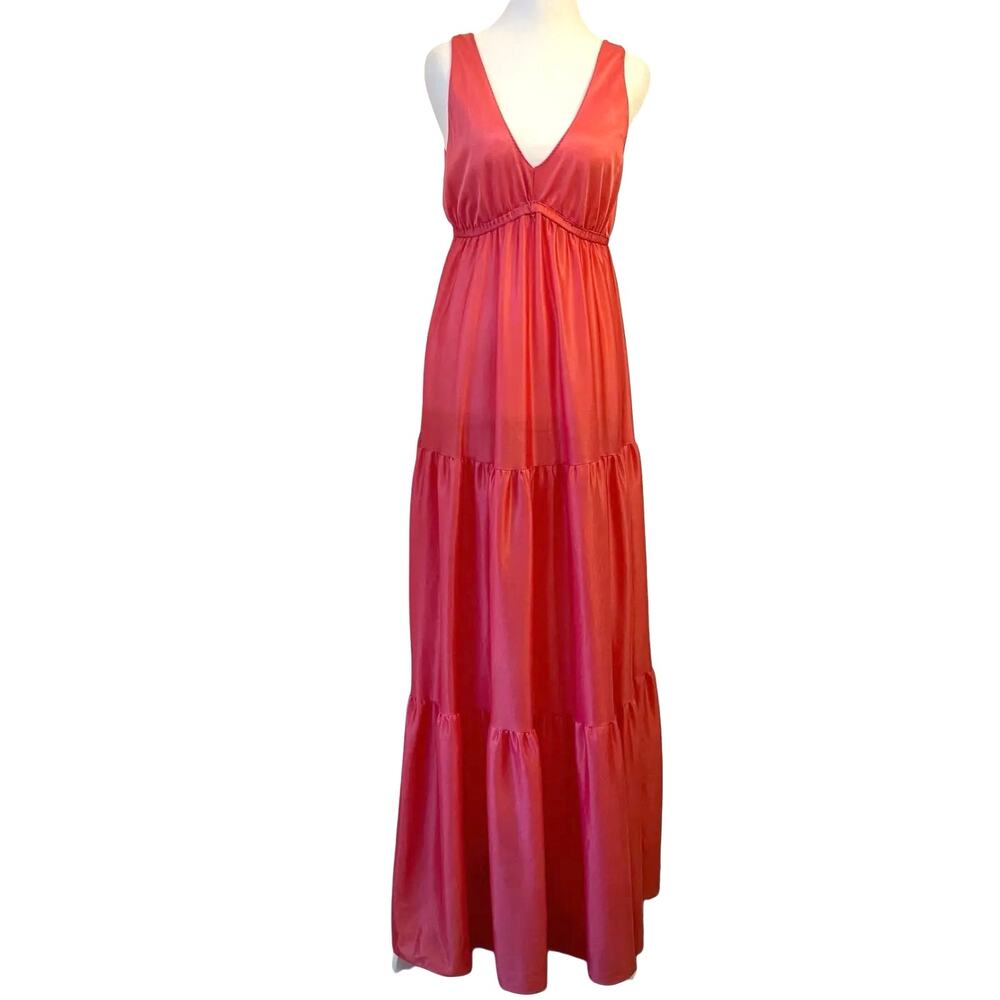 Vintage 70s Maxi Nylon Babydoll Slip Dress M Tiered Coral Pink Nightgown Lingeri